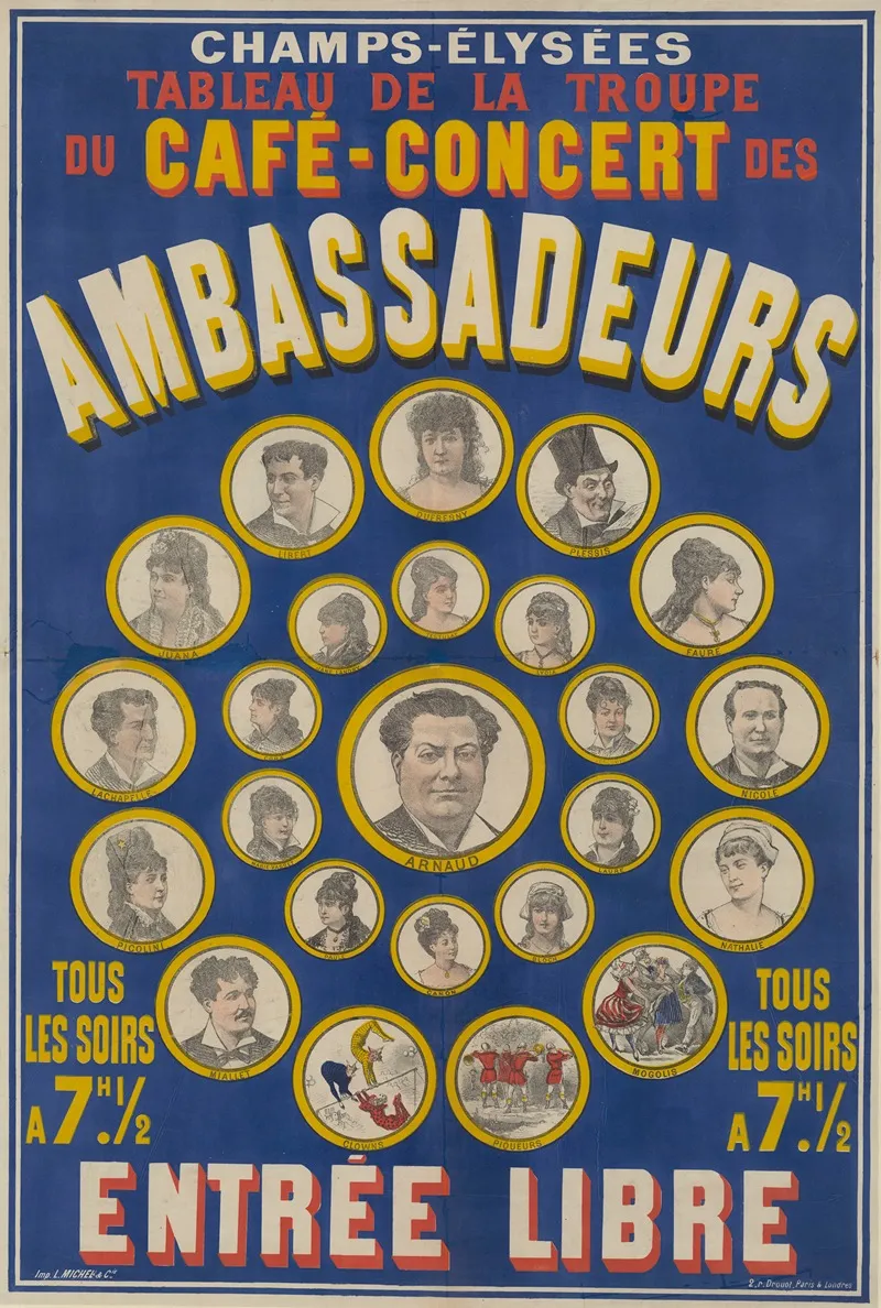 Champs Elysees Tableau De La Troupe Du Cafe Concert Des Ambassadeurs Tous Les Soirs A 7h 1 2 Entree Libre Wall Art by Imp L. Michel & Cie - High-Resolution Digital Print