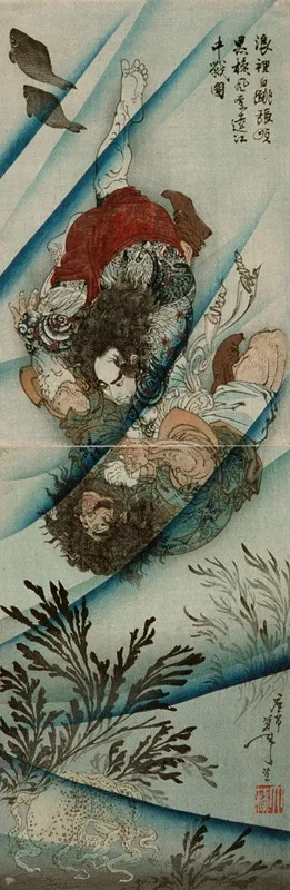 Chang Shun The White Stripe In The Waves Wrestling With Li Kuei The Black Whirlwind In The Ching Yang River Wall Art by Tsukioka Yoshitoshi - High-Resolution Digital Print