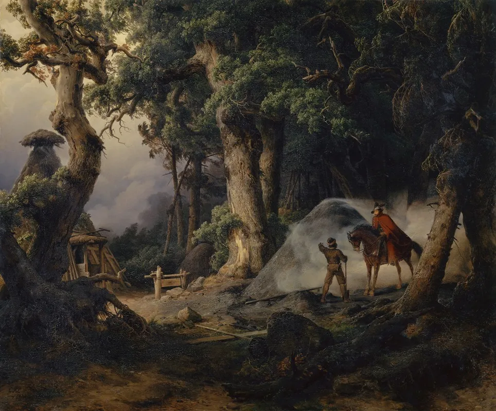 Charcoal Kiln In An Oak Tree Forest Wall Art by Karl Friedrich Lessing - High-Resolution Digital Print