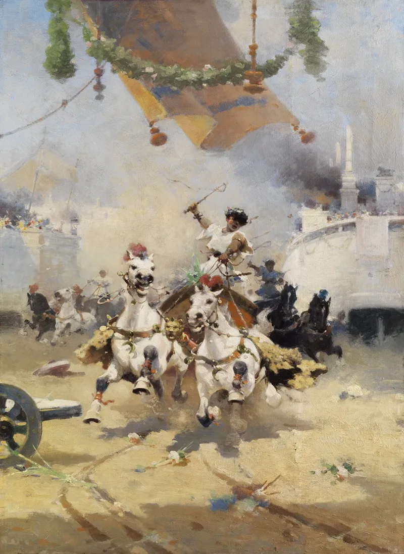 Chariot Race With Bigas In The Roman Arena Wall Art by Alfredo Tominz - High-Resolution Digital Print