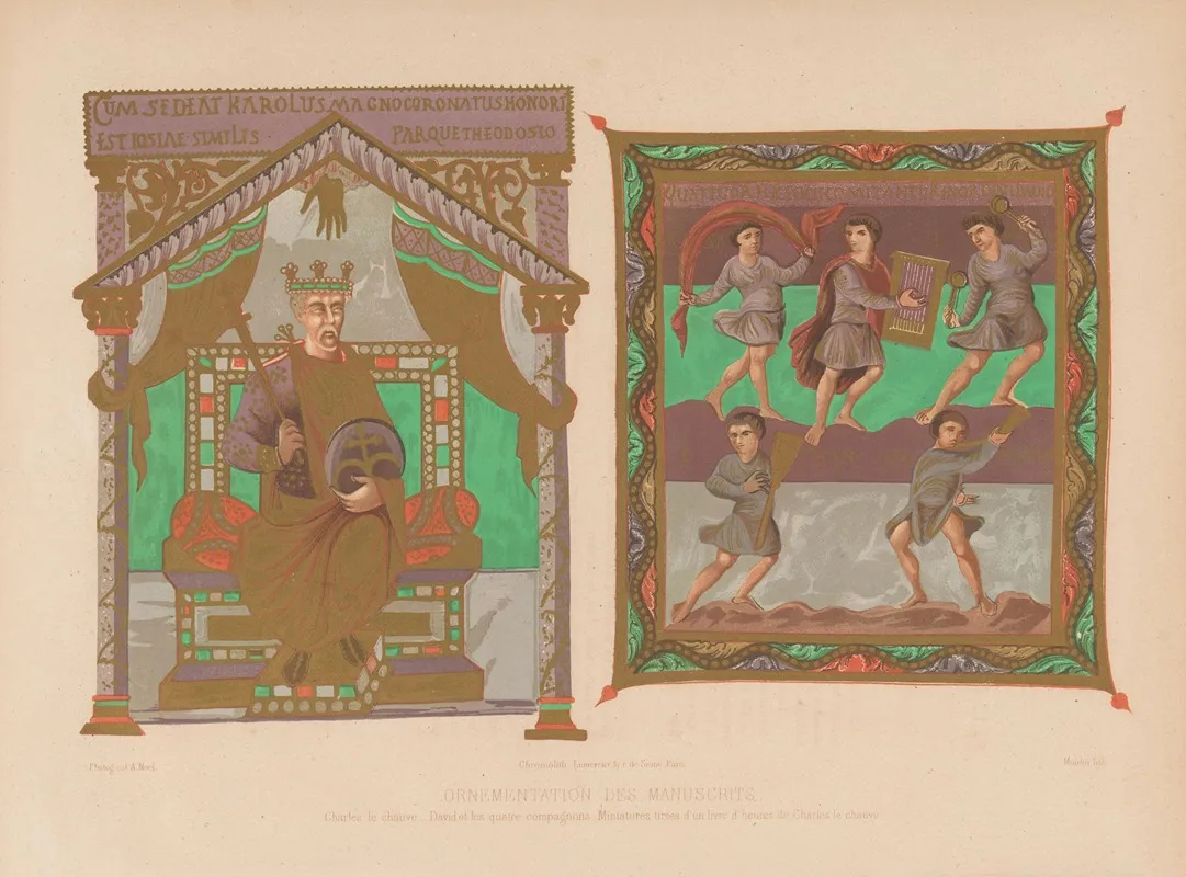 Charles Le Chauve David Et Les Quatre Compagnons Miniatures Tirees Dun Livre Dheures De Charles Le Chauve Wall Art by Joseph Rose Lemercier - High-Resolution Digital Print