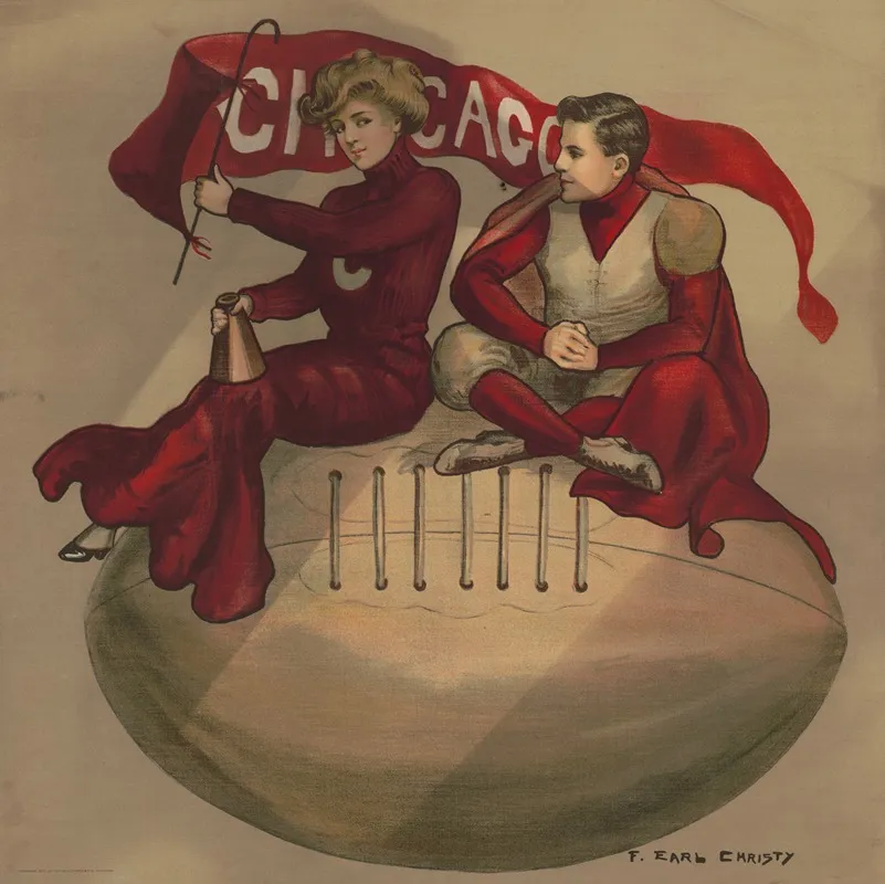 Cheerleader And Football Player Sitting On Giant Football With Chicago Flag Wall Art by F. Earl Christy - High-Resolution Digital Print