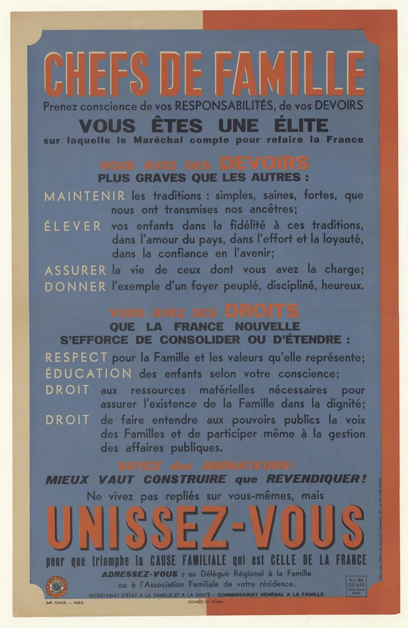 Chefs De Famille Vous Etes Une Elite Sur Laquelle Le Marechal Compte Pour Refaire La France Wall Art by Office de Publicité Générale - High-Resolution Digital Print