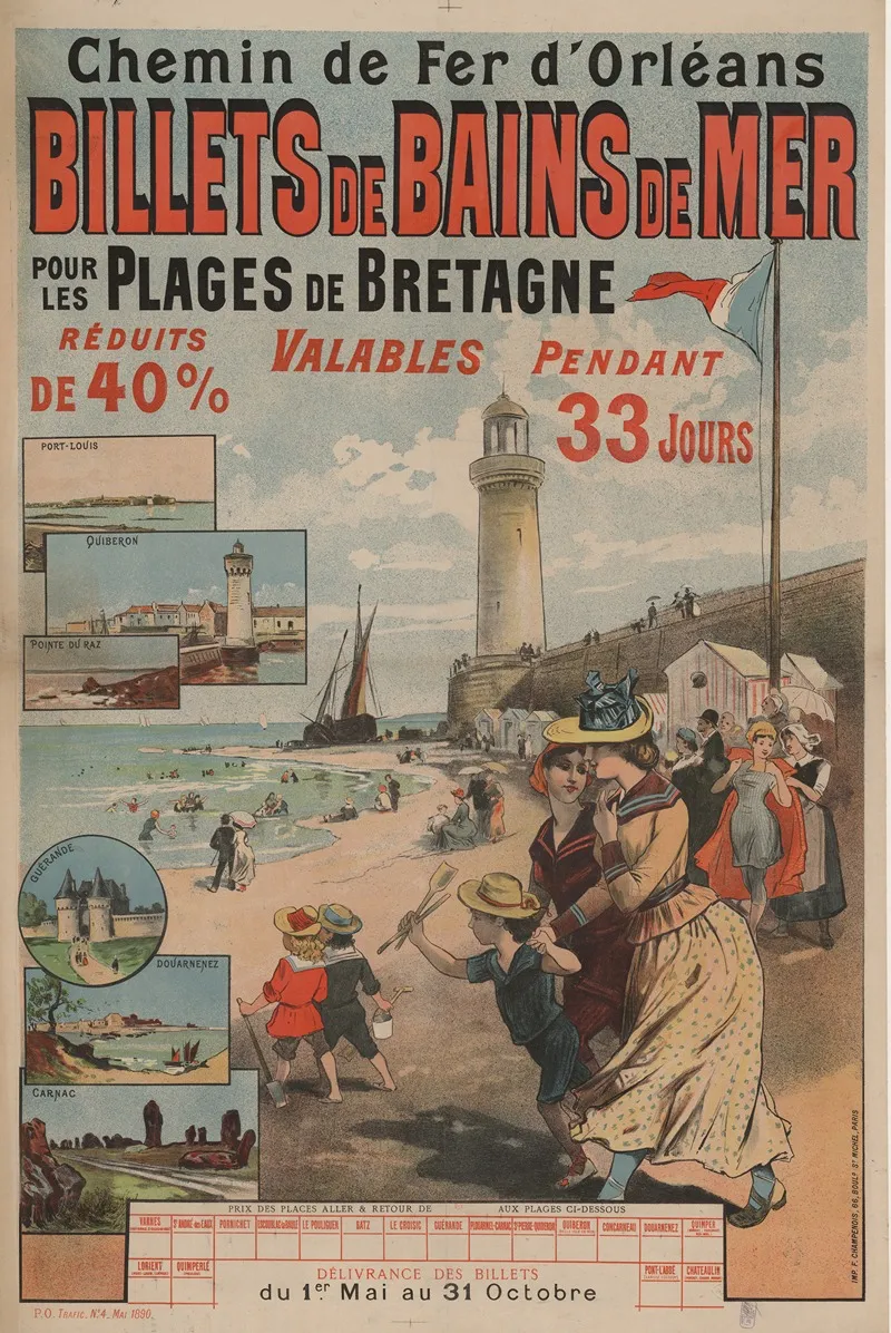 Chemin De Fer Dorleans Billets De Bains De Mer Pour Les Plages De Bretagne Port Louis Quiberon Pointe Du Raz Wall Art by Imp. F. Champenois - High-Resolution Digital Print