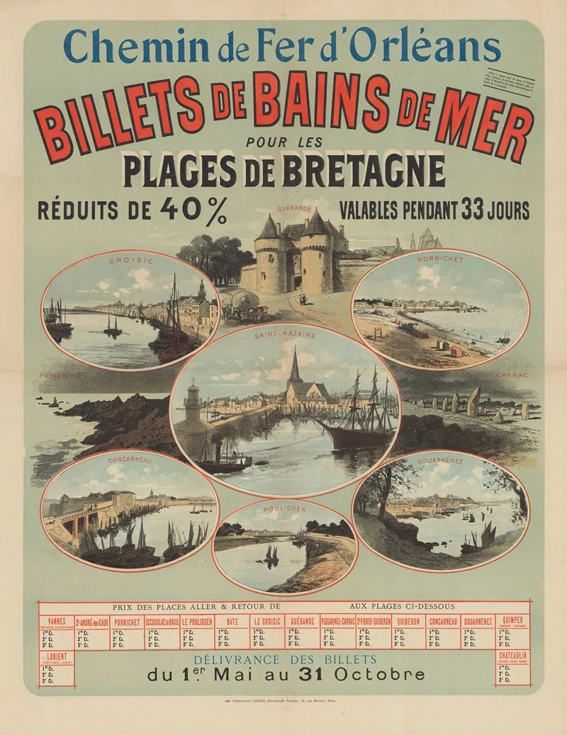 Chemin De Fer Dorleans Billets De Bains De Mer Pour Les Plages De Bretagne Wall Art by Imp. Chaix - High-Resolution Digital Print