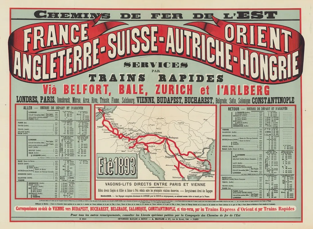 Chemins De Fer De Lest France Orient Angleterre Suisse Autriche Hongrie Ete 1893 Wall Art by Imp. Maulde et Renou - High-Resolution Digital Print