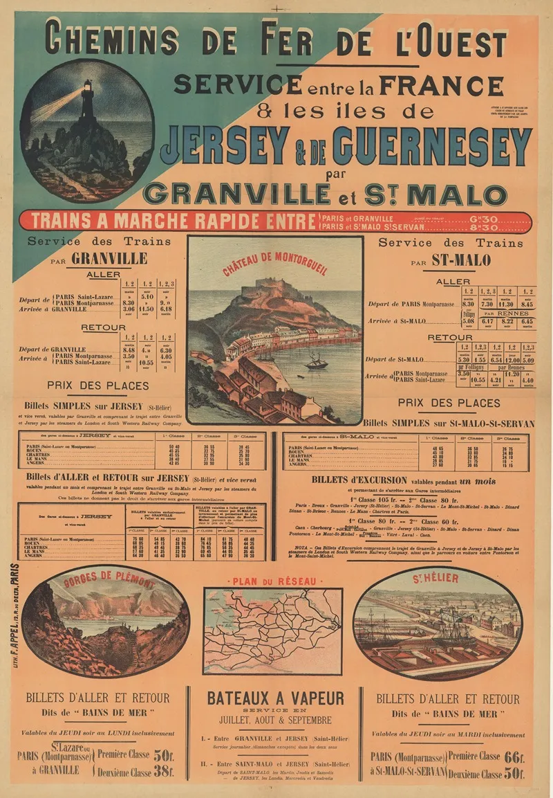 Chemins De Fer De Louest Service Entre La France Les Iles De Jersey De Guernesey Par Granville Et St Malo Wall Art by Lith. F. Appel - High-Resolution Digital Print