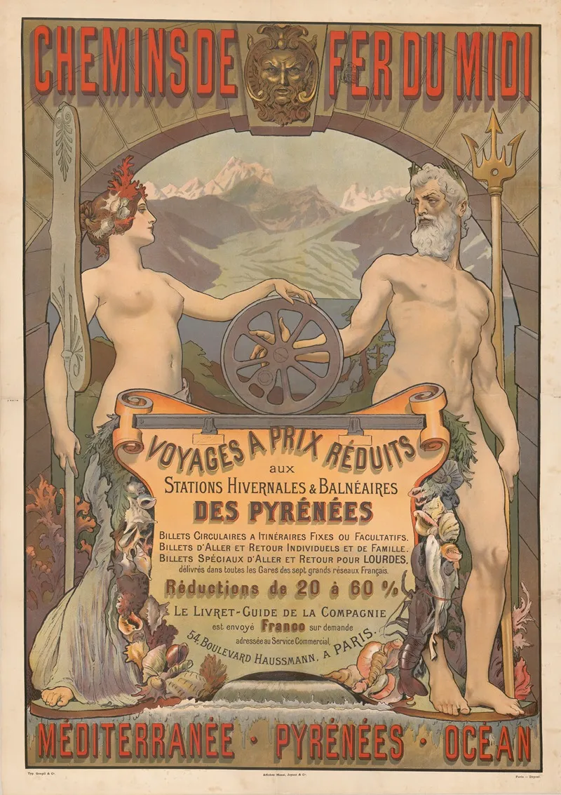 Chemins De Fer Du Midi Voyages A Prix Reduits Aux Stations Hivernales Et Balneaires Des Pyrenees Mediterranee Pyrenees Ocean Wall Art by Paul-Adolphe Kauffmann - High-Resolution Digital Print
