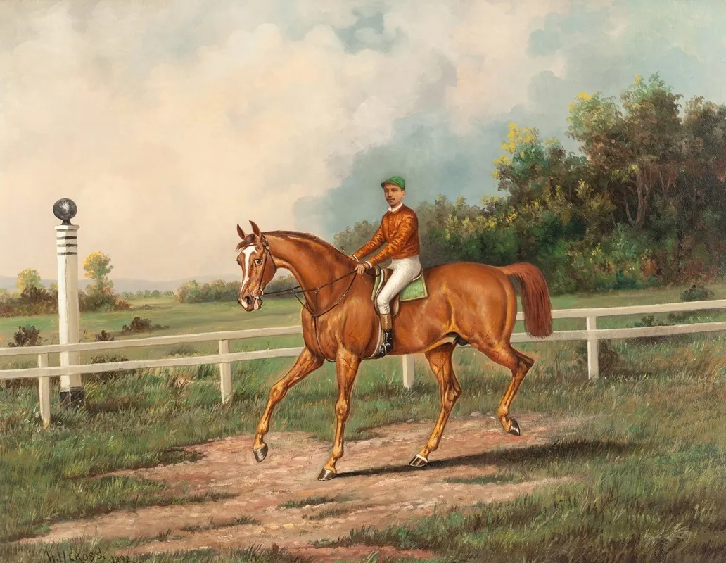 Chestnut Racehorse With Jockey Up On A Training Track With A Wooded Landscape Beyond Wall Art by Henry Herman Cross - High-Resolution Digital Print