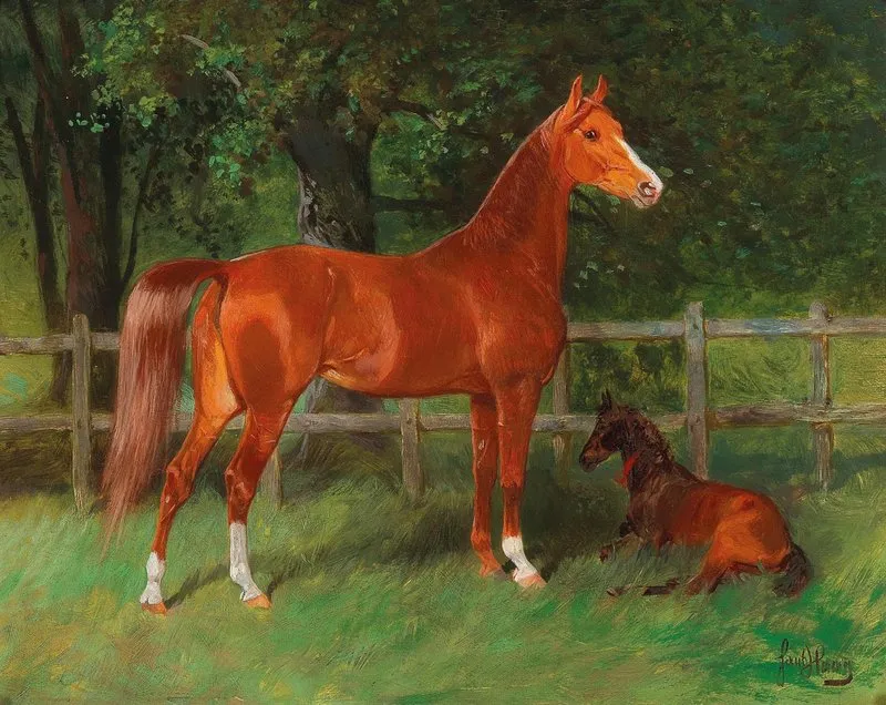 Chestnut With Foal In The Meadow Wall Art by Hans Haag - High-Resolution Digital Print