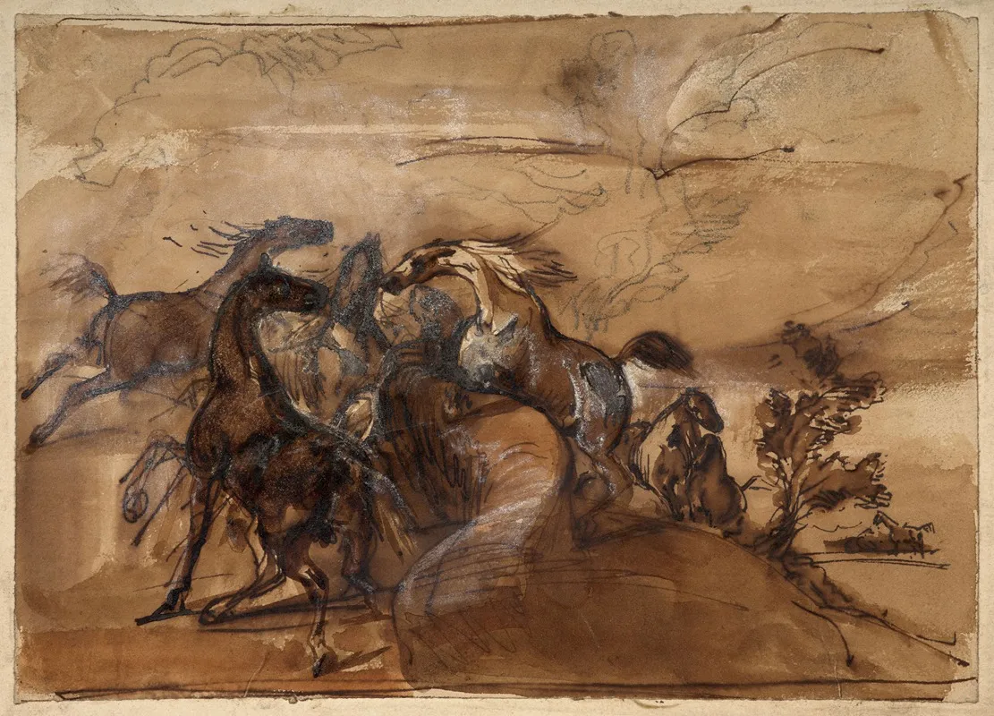 Chevaux En Liberte Dans Un Paysage Wall Art by Horace Vernet - High-Resolution Digital Print