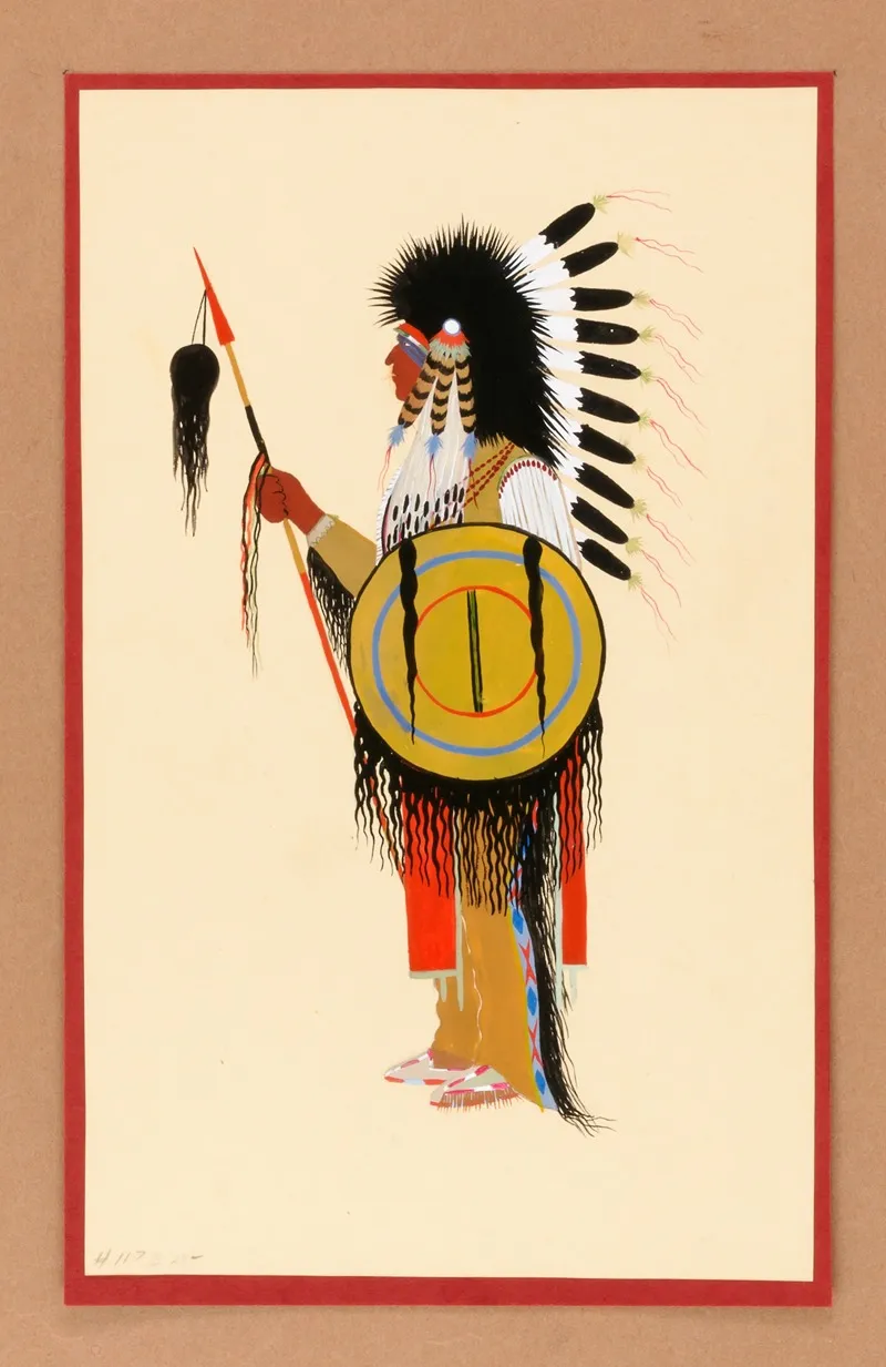 Cheyenne Warrior In Feather Headdress With Shield Wall Art by Monroe Tsatoke - High-Resolution Digital Print