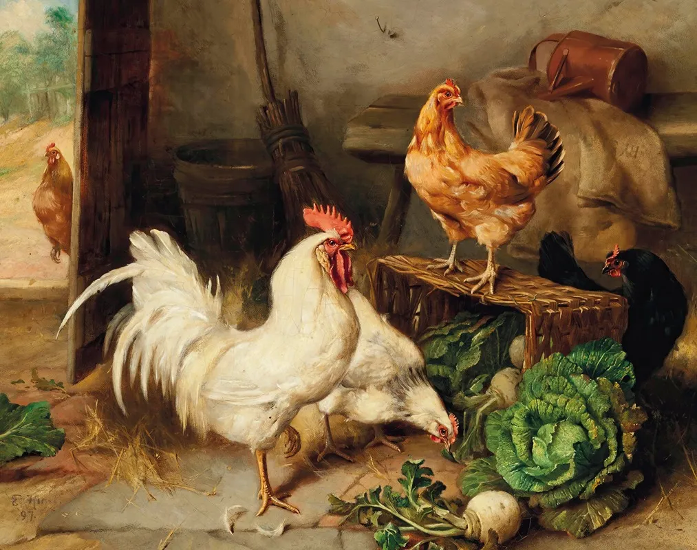 Chickens And Cockerel In A Barn Wall Art by Edgar Hunt - High-Resolution Digital Print