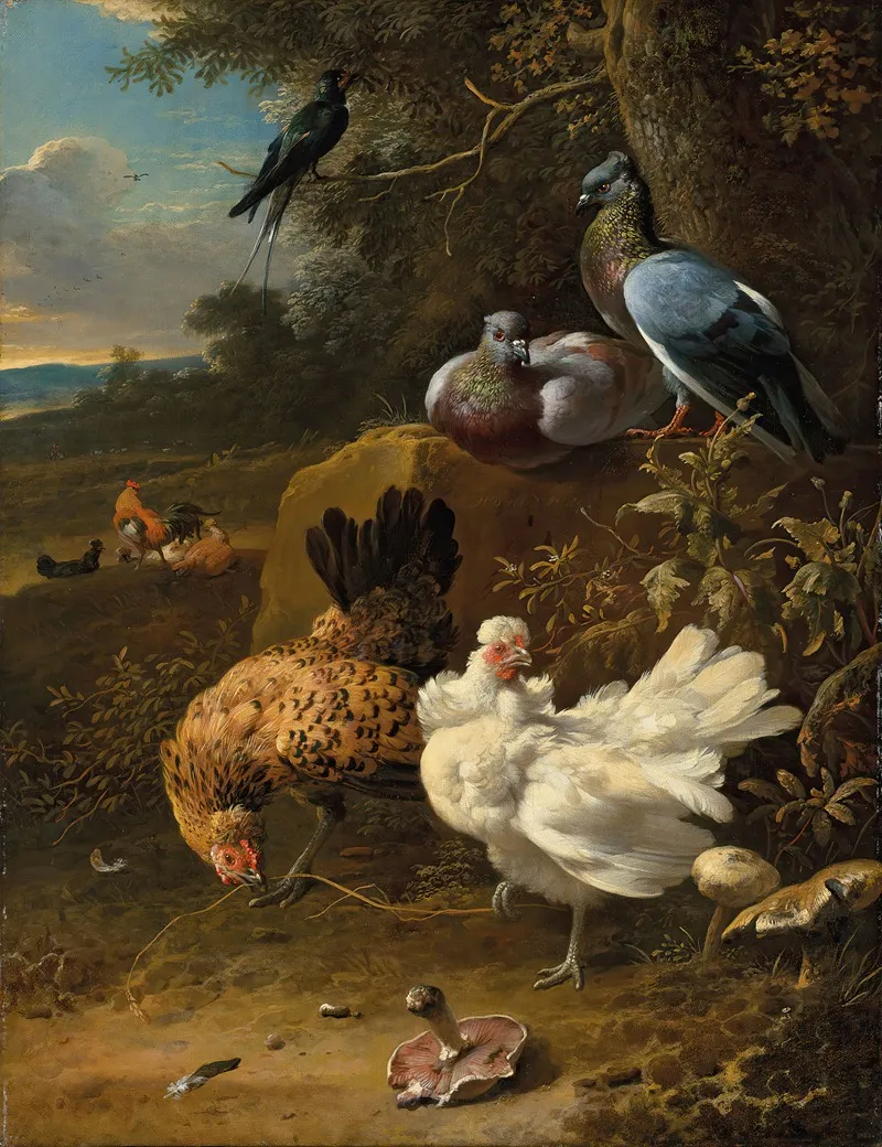 Chickens And Pigeons In A Landscape Wall Art by Melchior d'Hondecoeter - High-Resolution Digital Print