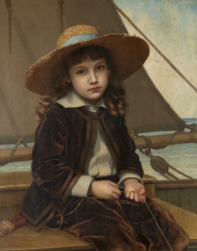 Child In Straw Hat And Velvet Suit Fishing Wall Art by Phoebe A. Jenks - High-Resolution Digital Print