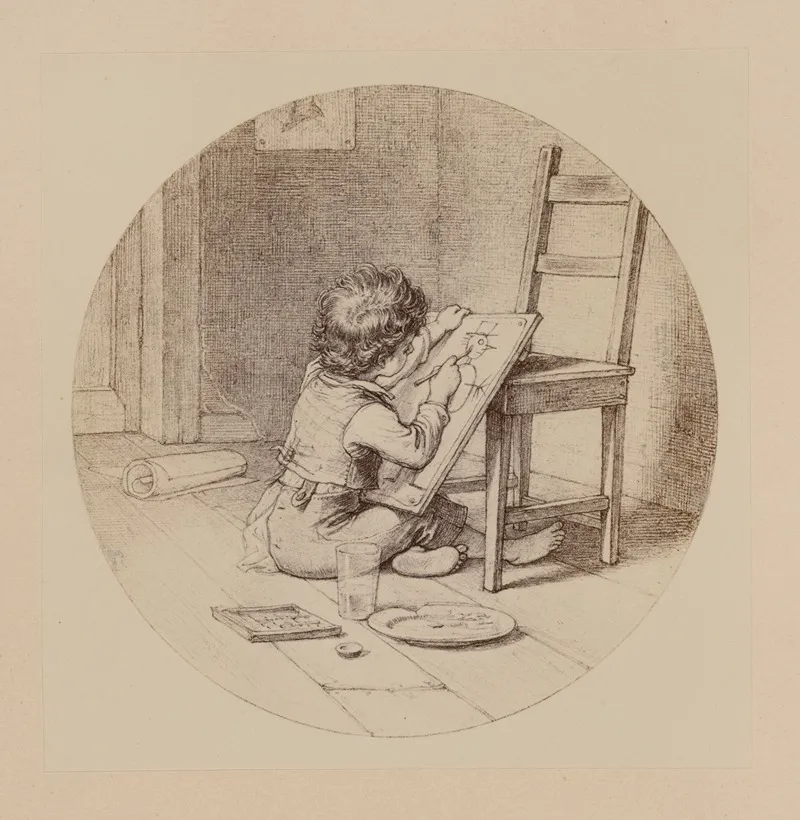 Child Seated On Floor Drawing And Using Chair As An Easel Wall Art by Th. Huth - High-Resolution Digital Print