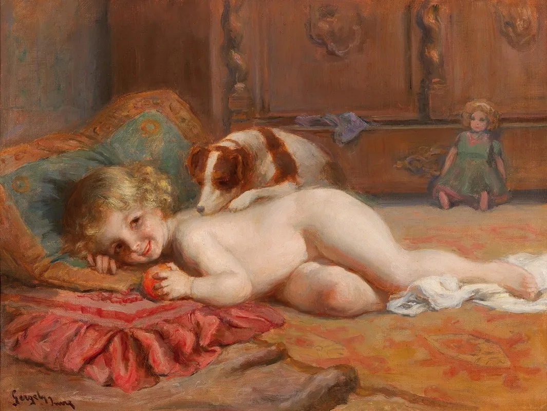Child With Dog And Doll Wall Art by Imre Gergely - High-Resolution Digital Print