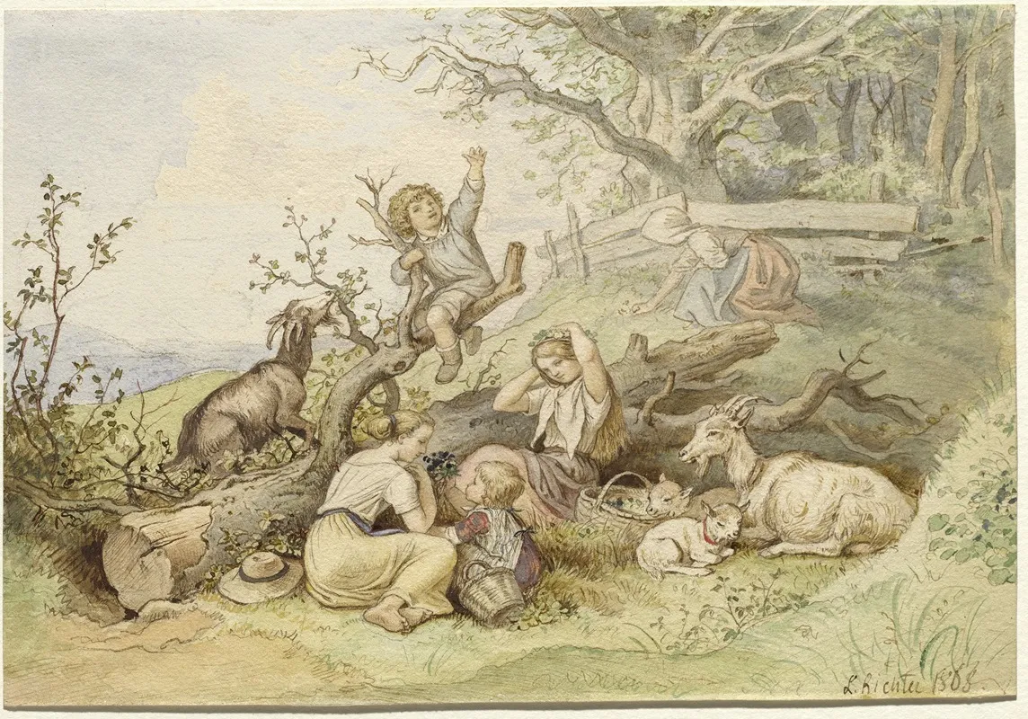 Children And Goats Resting By A Felled Tree