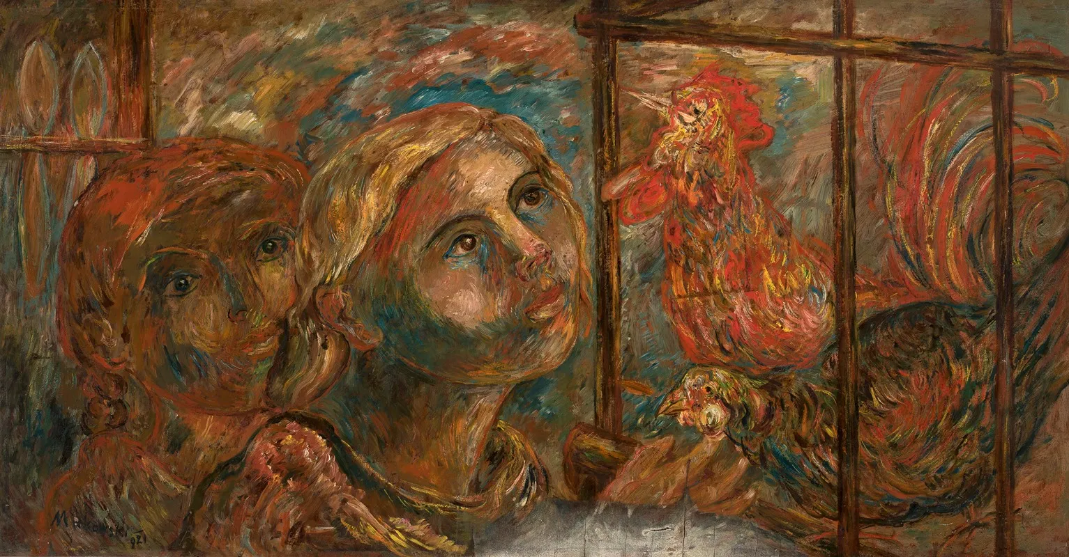 Children And Roosters Wall Art by Tadeusz Makowski - High-Resolution Digital Print
