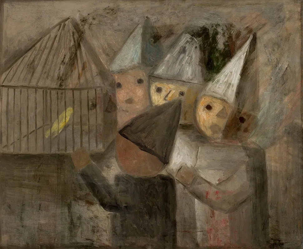 Children In Front Of A Cage With A Canary