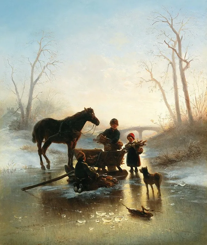 Children On The Ice Collecting Wood