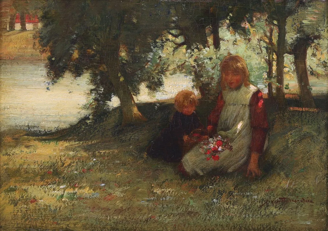 Children Picking Flowers By A River Wall Art by James Coutts Michie - High-Resolution Digital Print