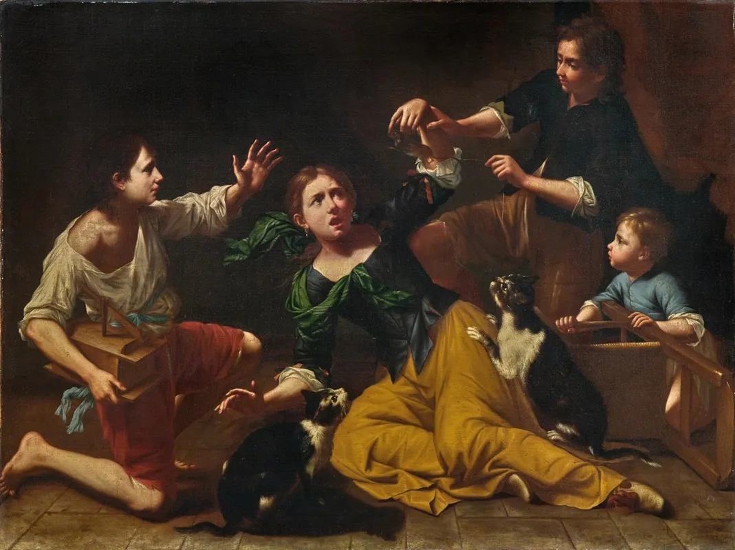 Children Playing With Cats And A Mouse Wall Art by Master of the Armenti - High-Resolution Digital Print