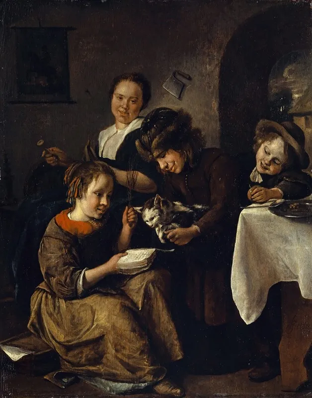 Children Teaching A Cat To Read