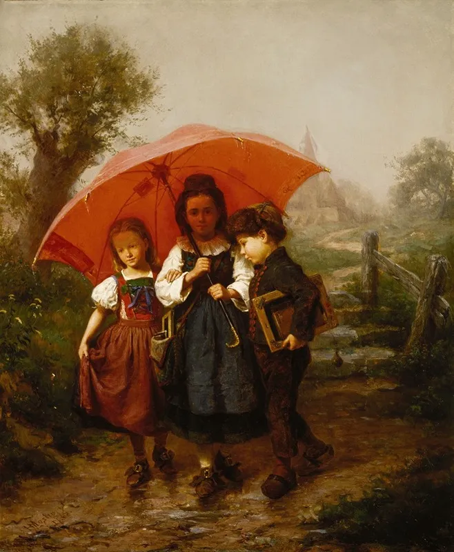 Children Under A Red Umbrella Wall Art by Henry Mosler - High-Resolution Digital Print