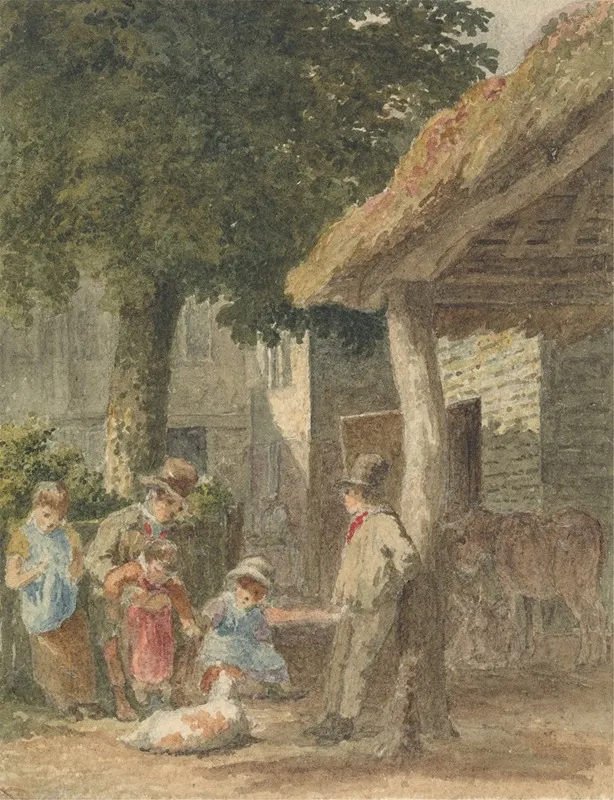 Children With A Dog In Farmyard