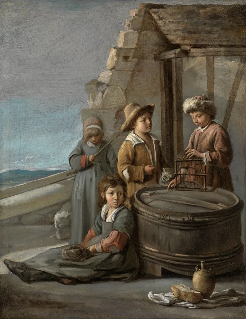 Children With Birdcage And Cat 2 Wall Art by Mathieu Le Nain - High-Resolution Digital Print