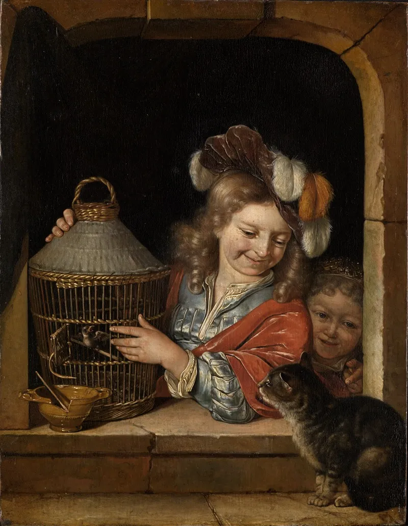 Children With Birdcage And Cat Wall Art by Eglon van der Neer - High-Resolution Digital Print