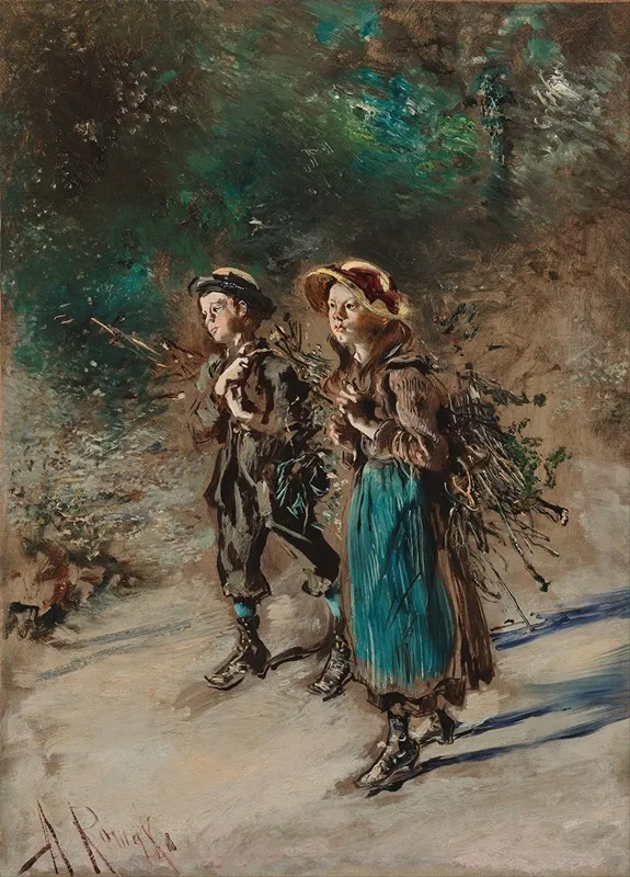 Children With Brushwood Wall Art by Anton Romako - High-Resolution Digital Print