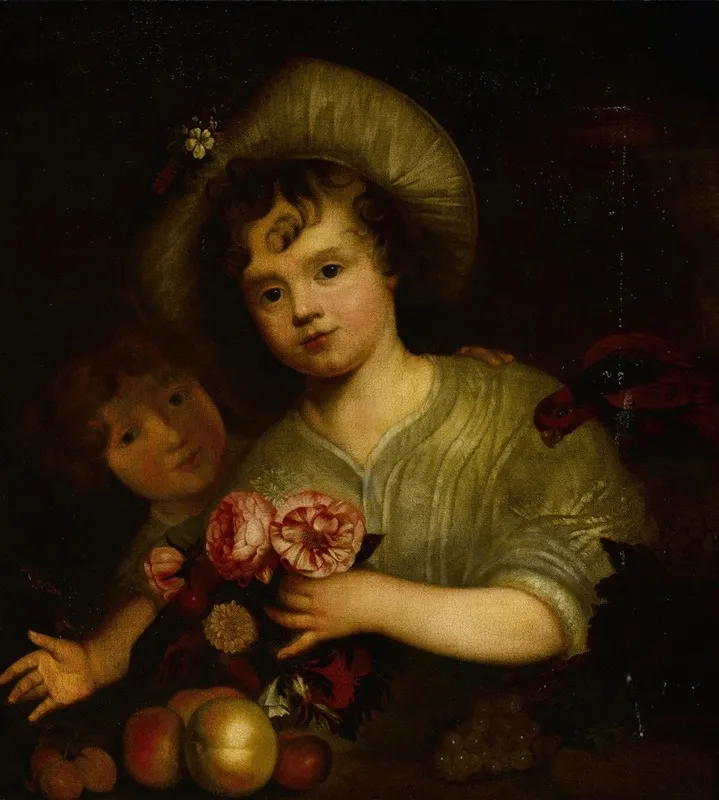 Children With Flowers Fruit And A Parrot Wall Art by Circle of CAREL DE MOOR - High-Resolution Digital Print
