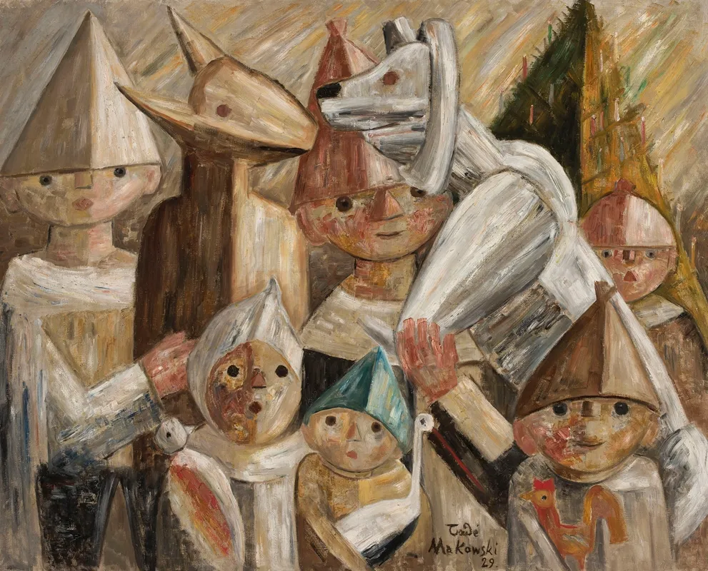 Children With Turon A Caroller Dressed As Horn Animal Wall Art by Tadeusz Makowski - High-Resolution Digital Print