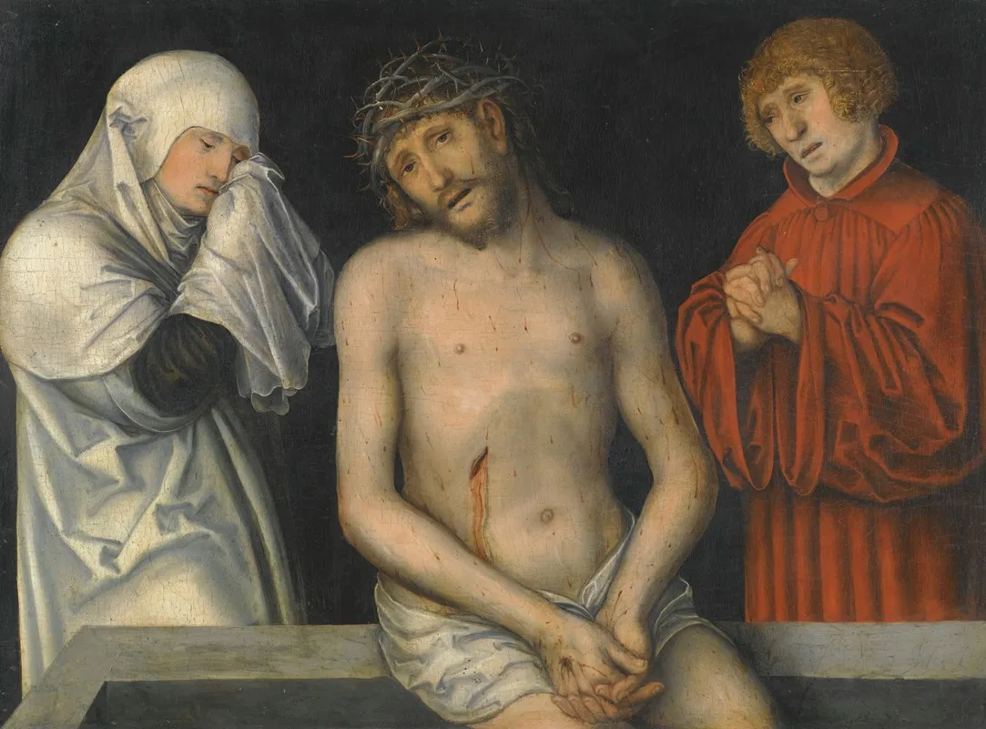 Christ As Man Of Sorrows Together With The Virgin And Saint John Wall Art by Lucas Cranach the Younger - High-Resolution Digital Print