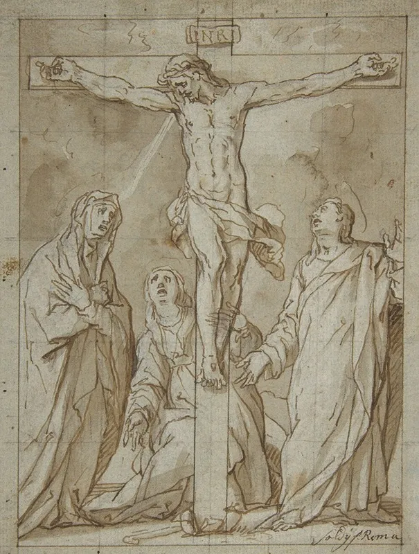 Christ Crucified Attended By The Virgin Saint Mary Magdalen And Saint John The Evangelist Wall Art by Lazzaro Tavarone - High-Resolution Digital Print
