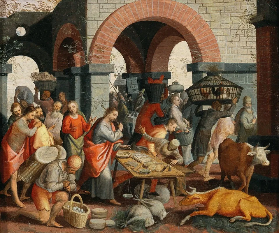 Christ Driving The Money Changers From The Temple Matthew 21 12 13 Wall Art by Pieter Aertsen - High-Resolution Digital Print