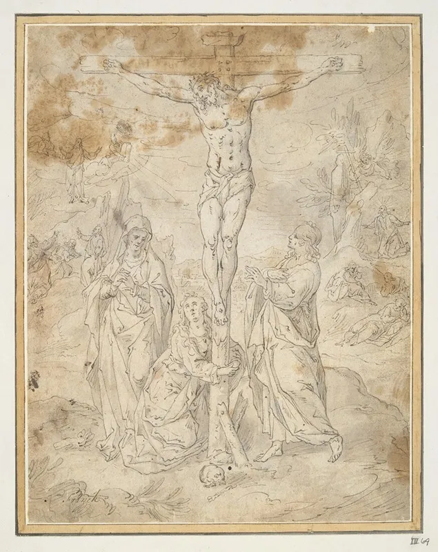 Christ On The Cross Between The Virgin And St John With Scenes Of The Passion In The Background Wall Art by Hendrik de Clerck - High-Resolution Digital Print