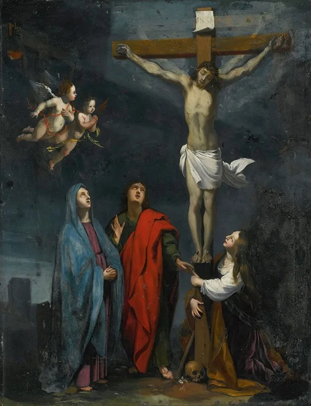 Christ On The Cross With Saint John And Mary Magdalene Wall Art by Follower Of Jacques Stella - High-Resolution Digital Print