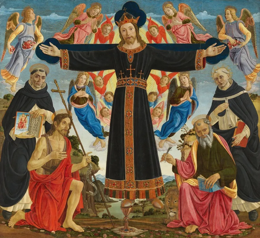 Christ On The Cross With Saints Vincent Ferrer John The Baptist Mark And Antoninus Wall Art by Master of the Fiesole Epiphany - High-Resolution Digital Print
