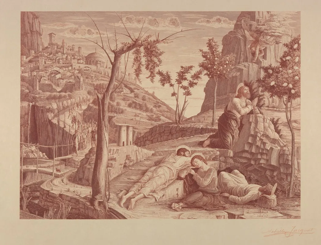 Christ Praying On The Mount Of Olives Next To Three Sleeping Apostles Wall Art by Achille Jacquet - High-Resolution Digital Print
