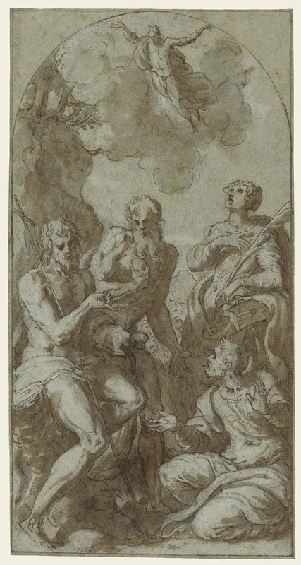 Christ The Saviour Above Saints John The Baptist Jerome Catherine And Thomas Wall Art by Giuseppe Porta - High-Resolution Digital Print