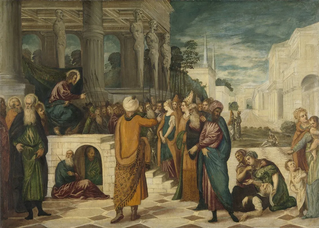 Christ With The Adulterous Woman Wall Art by Workshop of Jacopo Tintoretto - High-Resolution Digital Print