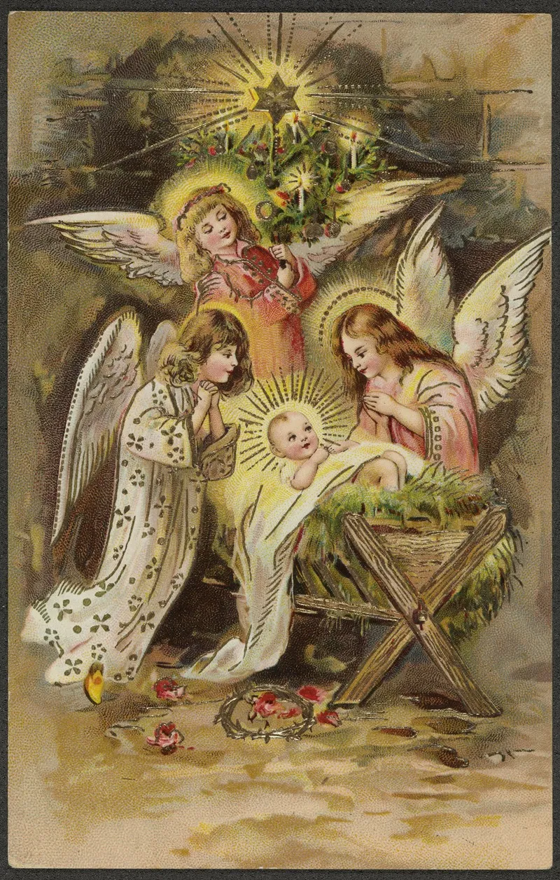 Christmas Card With Angels And Baby Jesus In The Manger Wall Art by E. A. Schwerdtfeger - High-Resolution Digital Print