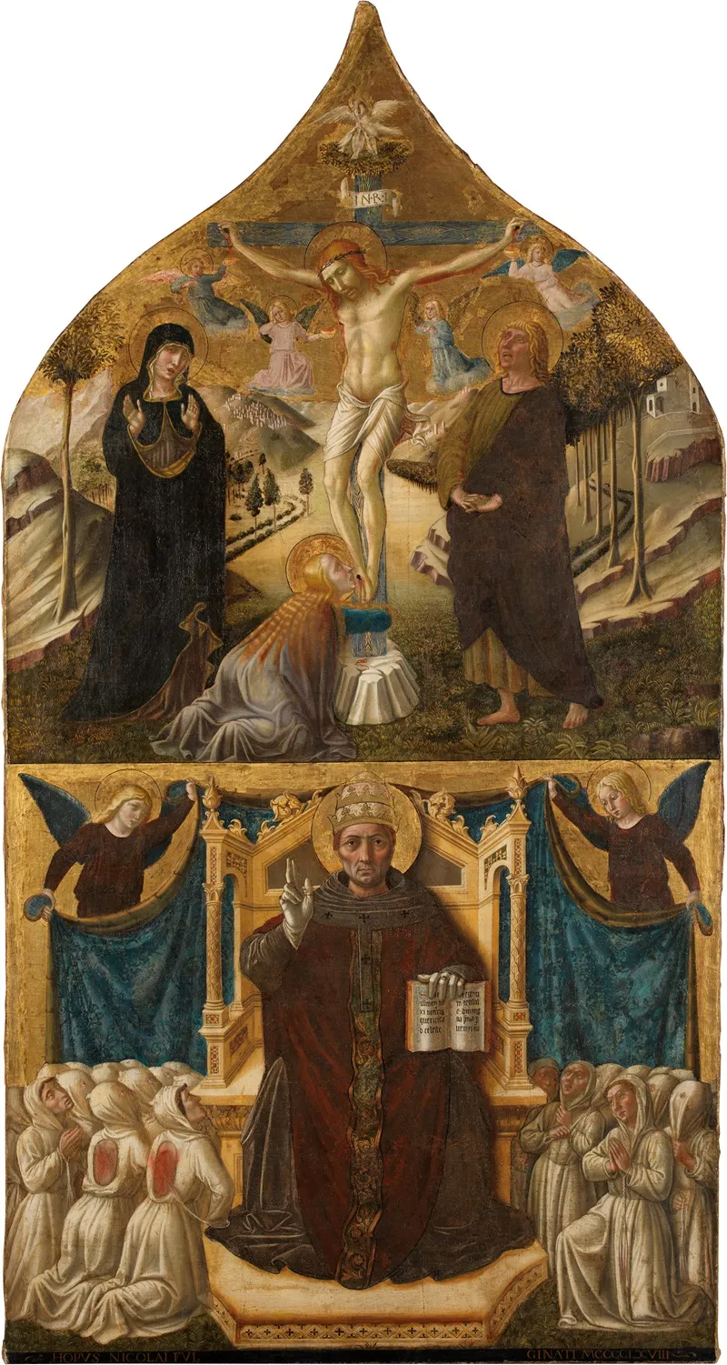 Christus Am Kreuz Mit Maria Johannes Und Magdalena Darunter Der Heilige Gregor Wall Art by Niccolò di Liberatore - High-Resolution Digital Print