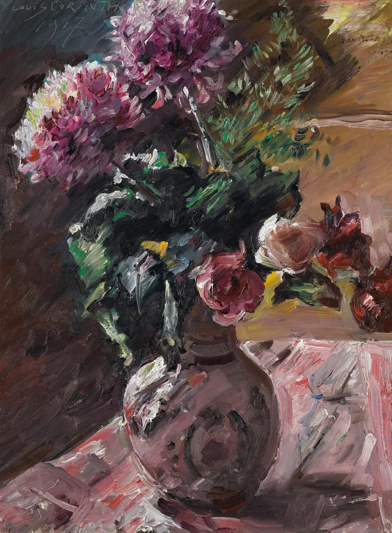Chrysanthemen Und Rosen Im Krug Chrysanthemums And Roses In A Pitcher Wall Art by Lovis Corinth - High-Resolution Digital Print