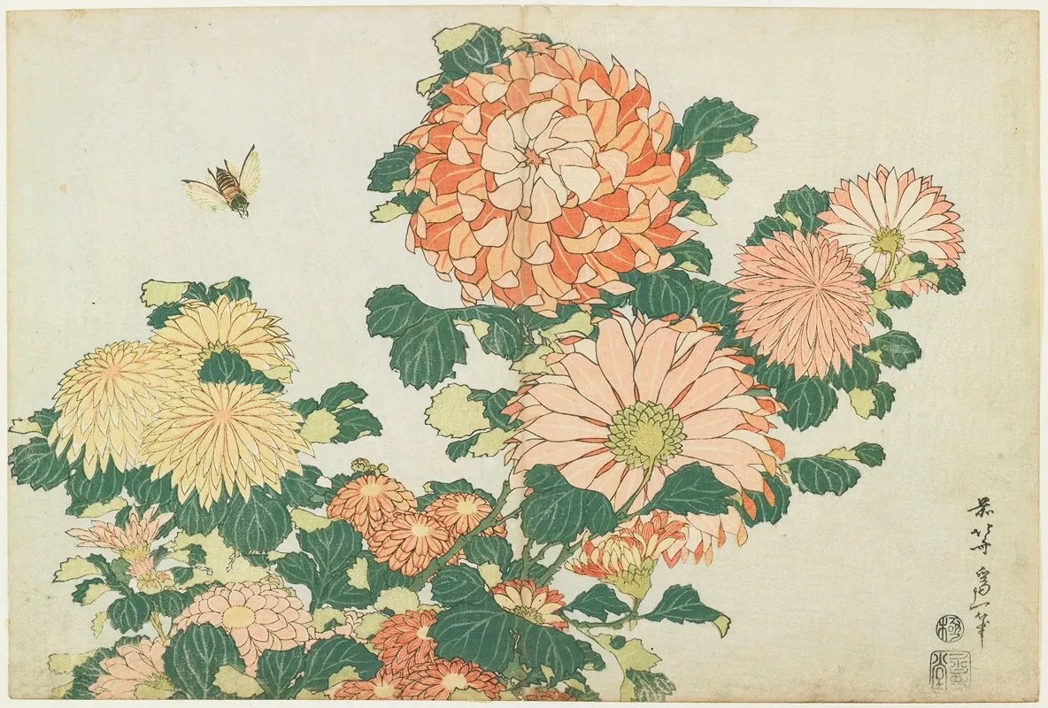 Chrysanthemums And Horsefly Wall Art by Katsushika Hokusai - High-Resolution Digital Print