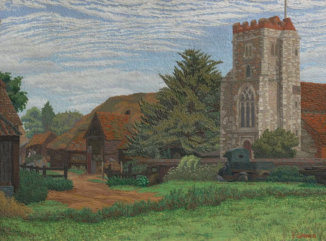 Church And Barn Waltham St Lawrence Wall Art by Charles Ginner - High-Resolution Digital Print