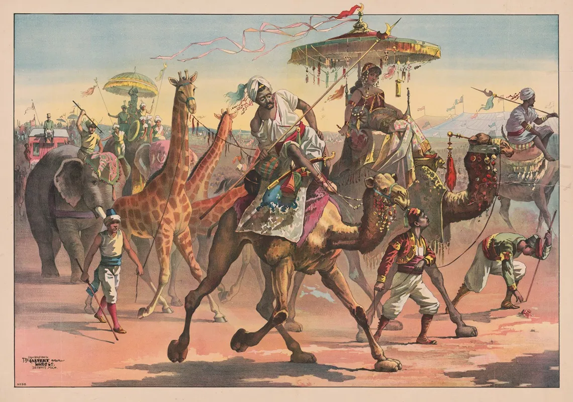 Circus Troupe With People In Exotic Dress Riding Camels Giraffes Elephants Wall Art by Calvert Litho. Co - High-Resolution Digital Print